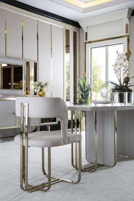 Esszimmer Set Beige 2x Stühle Luxus Esstisch Weiß Elegantes Metall 3tlg.