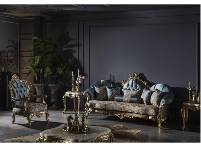Wohnzimmer Set Blau Sofagarnitur Sessel 2x Beistelltisch Couchtisch 5tlg.