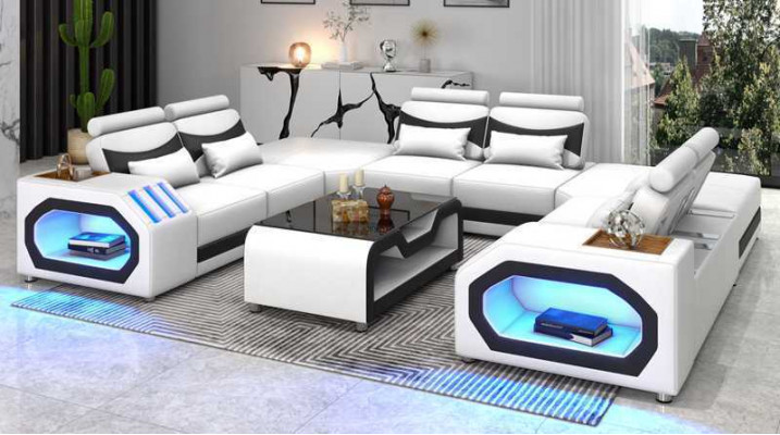 Design Wohnlandschaft Großes Sofa XXL U Form Ecksofa Ledersofa Rot LED
