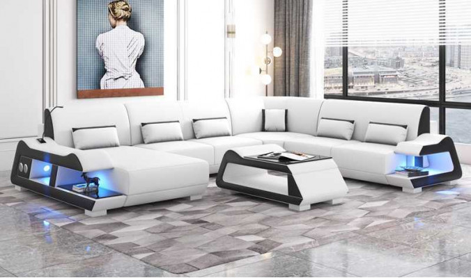 Großes Sofa Wohnlandschaft XXL U Form Ecksofa Ledersofa Weiß Sofas