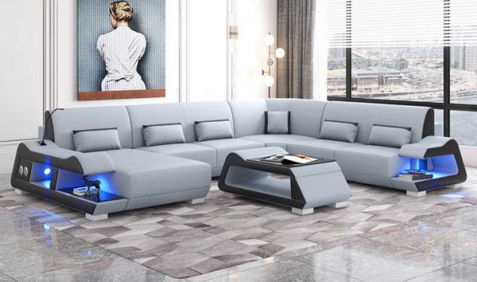 Großes Sofa Wohnlandschaft XXL U Form Ecksofa Ledersofa Weiß Sofas