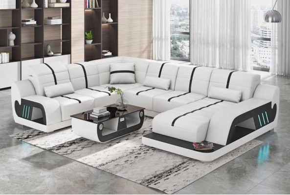 Modern Wohnlandschaft Sofa U Form Ecksofa Designersofa Weiß Kunstleder
