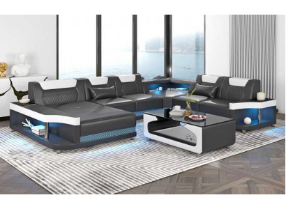 Großes Sofa Wohnlandschaft LED XXL U Form Ecksofa Ledersofa Schwarz