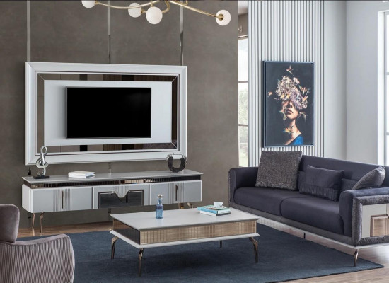 Wohnwand Wohnzimmer Grau Möbel Sideboard TV Wandpaneel Paneel 2tlg