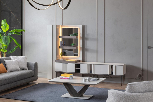 Exklusive Wohnwand Weiße Farbe Designer Möbel für Wohnzimmer LED beleuchtet