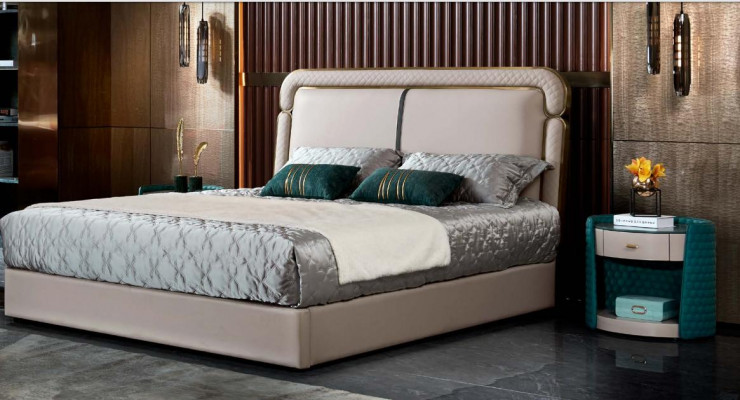 Bett Schlafzimmer Beige Doppelbett Lederbett Modern Design Möbel Holz