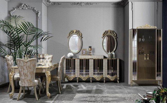 Essecke Luxus Essgruppe Esszimmer Esstisch Stühle Beige Set Holz 5tlg