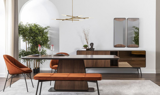 Essecke Essgruppe Esszimmer Esstisch Stühle Bank 8tlg Braun Orange