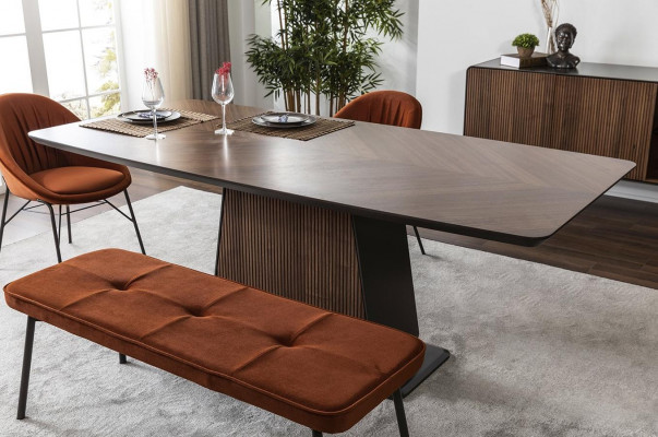 Essecke Essgruppe Esszimmer Esstisch Stühle Bank 8tlg Braun Orange
