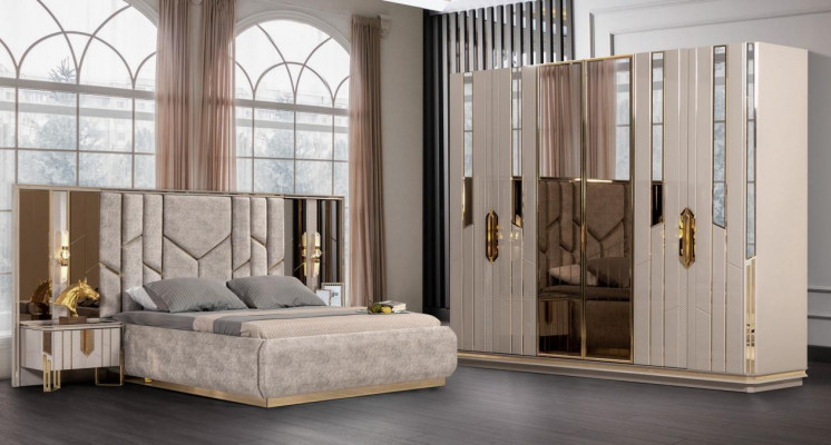 Garnitur Schlafzimmer Doppelbett Bett Nachttische Beige 4tlg Schrank