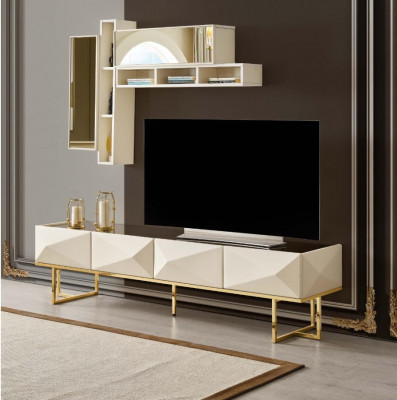 Sideboard RTV Lowboard Wohnwand TV Ständer Schrank Holz Beige Regale