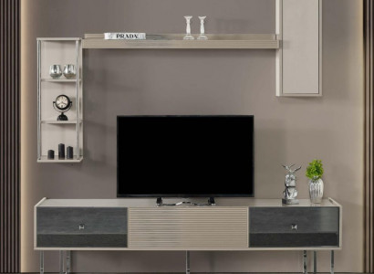 Wohnwand RTV Lowboard TV Ständer Schrank Holz Grau Regale Wohnzimmer