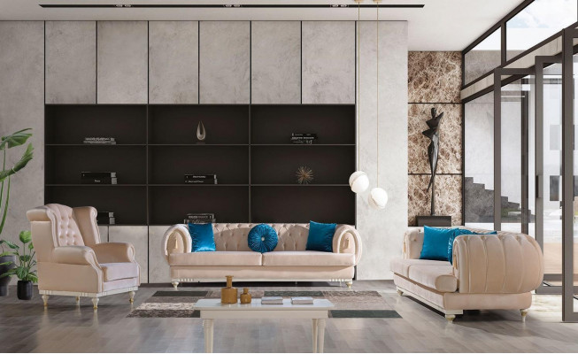 Beige Sofagarnitur 3+2+1 Sitzer Luxus Polster Couchen Stilvolle Möbel