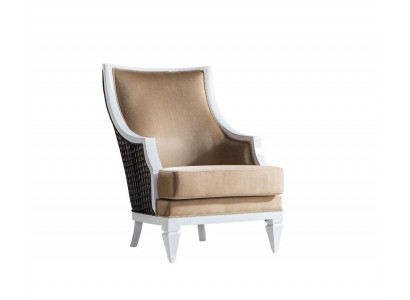 Hellbeiger Sessel Armlehnensessel Einsitzer Holzgestell Holz Lehnsessel