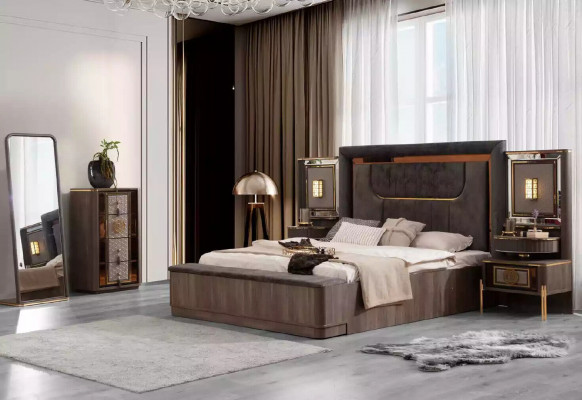 Grau Garnitur Doppelbett Set 6tlg Bett Schlafzimmer Stoff Kommode Neu