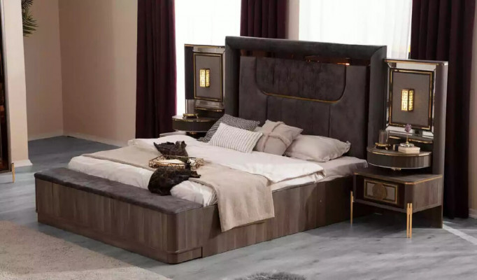 Grau Garnitur Doppelbett Set 6tlg Bett Schlafzimmer Stoff Kommode Neu