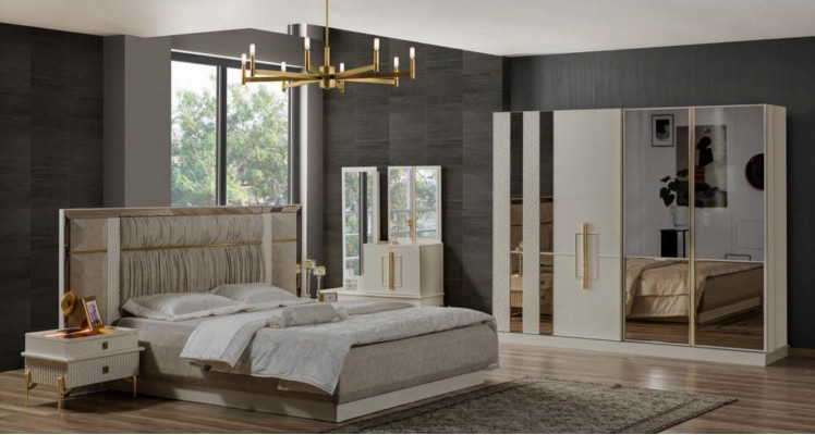 Doppelbett Schlafzimmer Garnitur Holz Beige Stoff Nachttische Set 4tlg