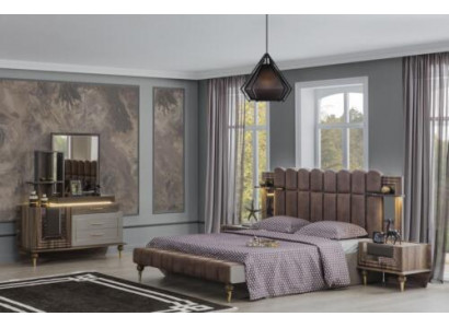 Doppelbett Garnitur Luxus Schlafzimmer Holz Braun Stoff Bett Set 4tlg