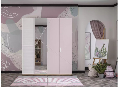 Kleiderschrank Schrank Kinderzimmer Holz Rosa Spiegel 4 Türen Moden