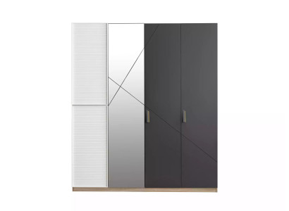 Kleiderschrank 4 Türen Moden Schrank Holz Grau Spiegel Kinderzimmer