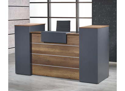 Rezeption Empfangsschalter Empfangstheke Büro Hotel Holz Grau Tisch