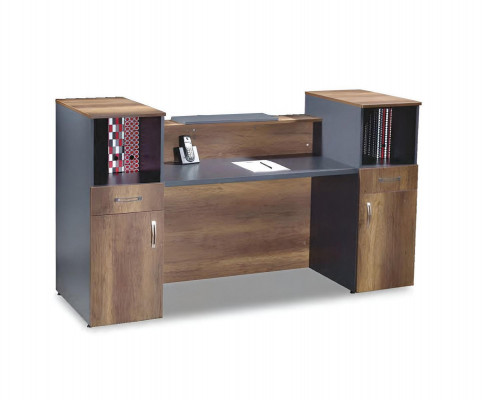 Rezeption Empfangsschalter Empfangstheke Büro Hotel Holz Grau Tisch