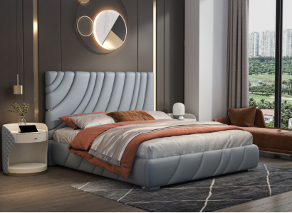 Graues Kunstleder Doppelbett Modernes Edelstahlbett Luxus Holzgestell