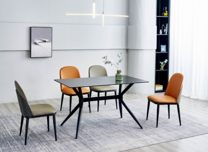Esszimmergruppe Designer Grauer Esstisch Orange Stühle 6x Einsitzer 7tlg