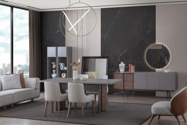 Esszimmer Set Besteht aus Esstisch 4x Stühle und Anrichte mit Spiegel 7tlg.