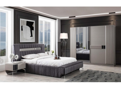 Schlafzimmer Garnitur Doppelbett Bett Nachttische 4tlg Grau Schrank