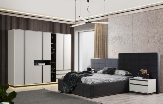 Schlafzimmerbett Garnitur Doppelbett Bett Nachttische 3tlg Grau Modern