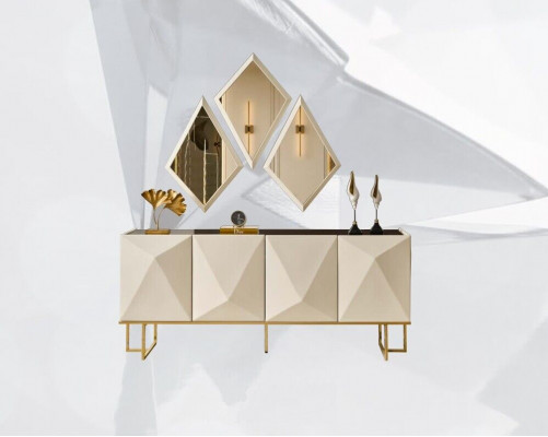 Garnitur Sideboard mit Spiegel Schrank Anrichte Beige Kommode Holz Set