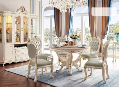 Perlweiß Esszimmer Set Esstisch 6x Stühle Vitrine 8tlg Luxus-Set