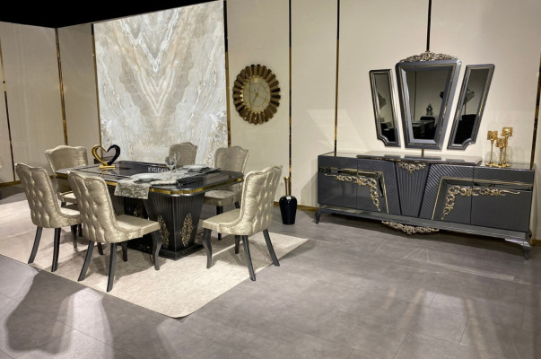 Esszimmer Set 9 tlg. Esstisch + 6x Stühle Anrichte mit Spiegel Grau neu