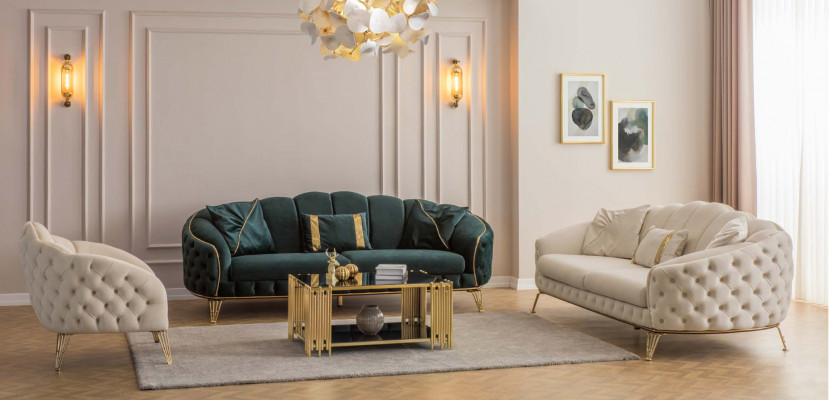 Komplett Wohnzimmer 3tlg stilvoll Dreisitzer Sofa Couch Luxus 2x Sessel