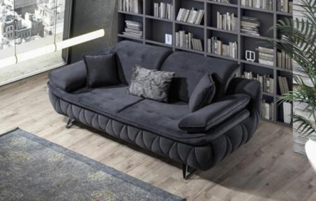 Schwarz 3-Sitzer Wohnzimmer Stoffsofa Modern Deisgn mit Kissen Textil