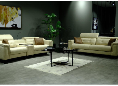 Beige Leder Sofagarnitur Designer 3-Sitzer Zweisitzer Couch 2tlg Set