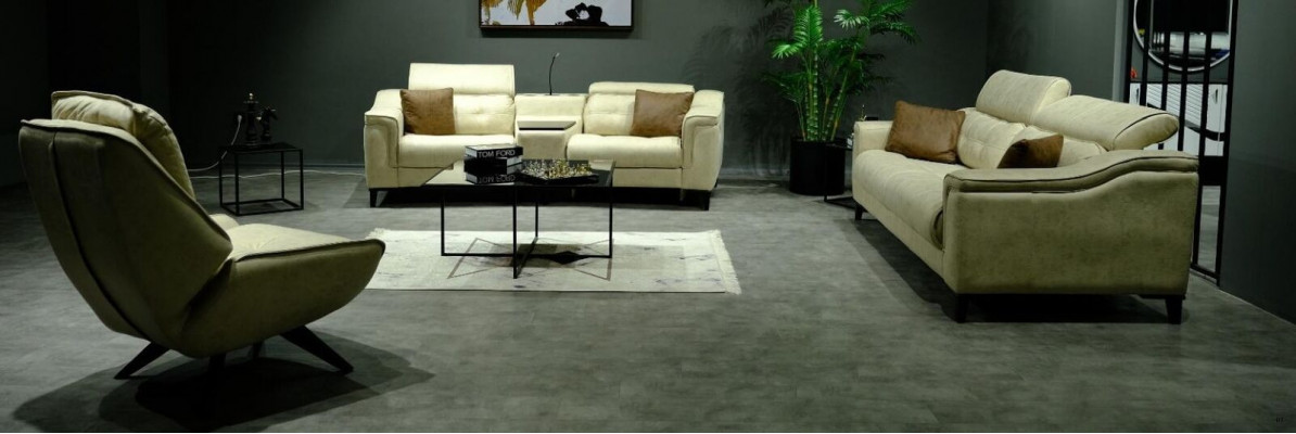 Beiger Wohnzimmer Dreisitzer Leder 3-Sitzer Polster Couch Holzgestell
