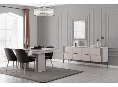 Altweiße Esszimmer Garnitur Großer Esstisch 4x Textil Stühle Sideboard