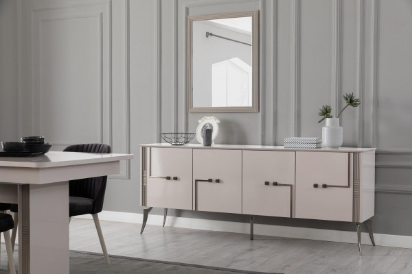 Altweiße Esszimmer Garnitur Großer Esstisch 4x Textil Stühle Sideboard