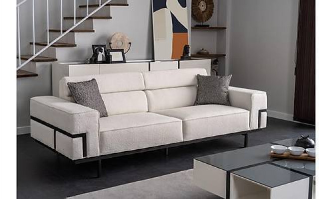 Wohnzimmer Weiße Polstergarnitur 3+1 Sitzer Designer Glas Couchtisch