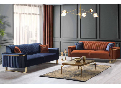 Blau-Oranges Wohnzimmer Sofa-Set Designer Stoffsofas Moderne Möbel 2tlg