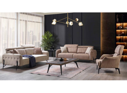 Beige Wohnzimmer Sofagarnitur Designer 2x Stoffsessel 3-Sitzer 3tlg.