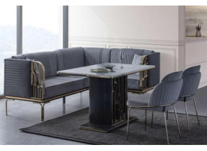 Exklusives Graues Esszimmer Set Luxus Edelstahl Tisch 2x Textil Stühle