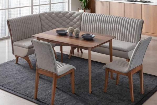 Designer Hellgraue Esszimmer Garnitur Polster Eckbank 2x Stühle Esstisch