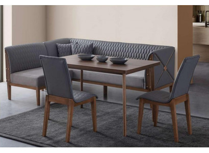 Stilvolle Graue Esszimmer Garnitur Brauner Esstisch 2x Sitzstühle Bank