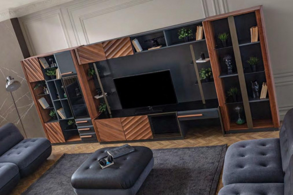 Moderne Schwarz-Braune Wohnwand Luxus RTV Vitrine Wandschrank Möbel 4tlg