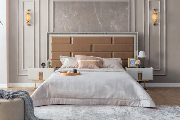 Exklusives Schlafzimmer Set Modernes Textilbett 2x Holz Nachtkonsolen