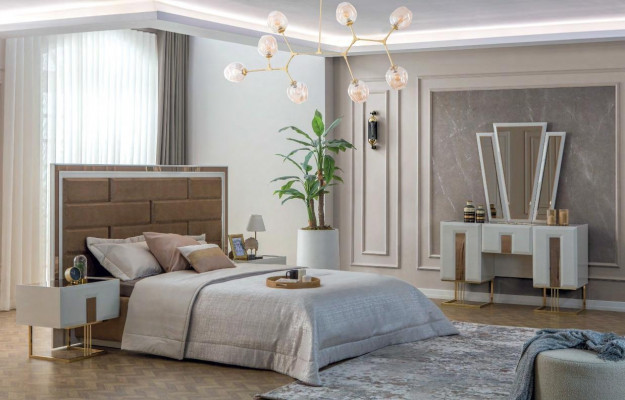 Designer Schlafzimmer Möbel Doppelbett 2x Nachttische Luxus Schminktisch