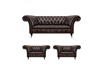 Luxus Braun Leder Sofa Set Wohnzimmer 2x Sessel Dreisitzer Couch Chesterfield